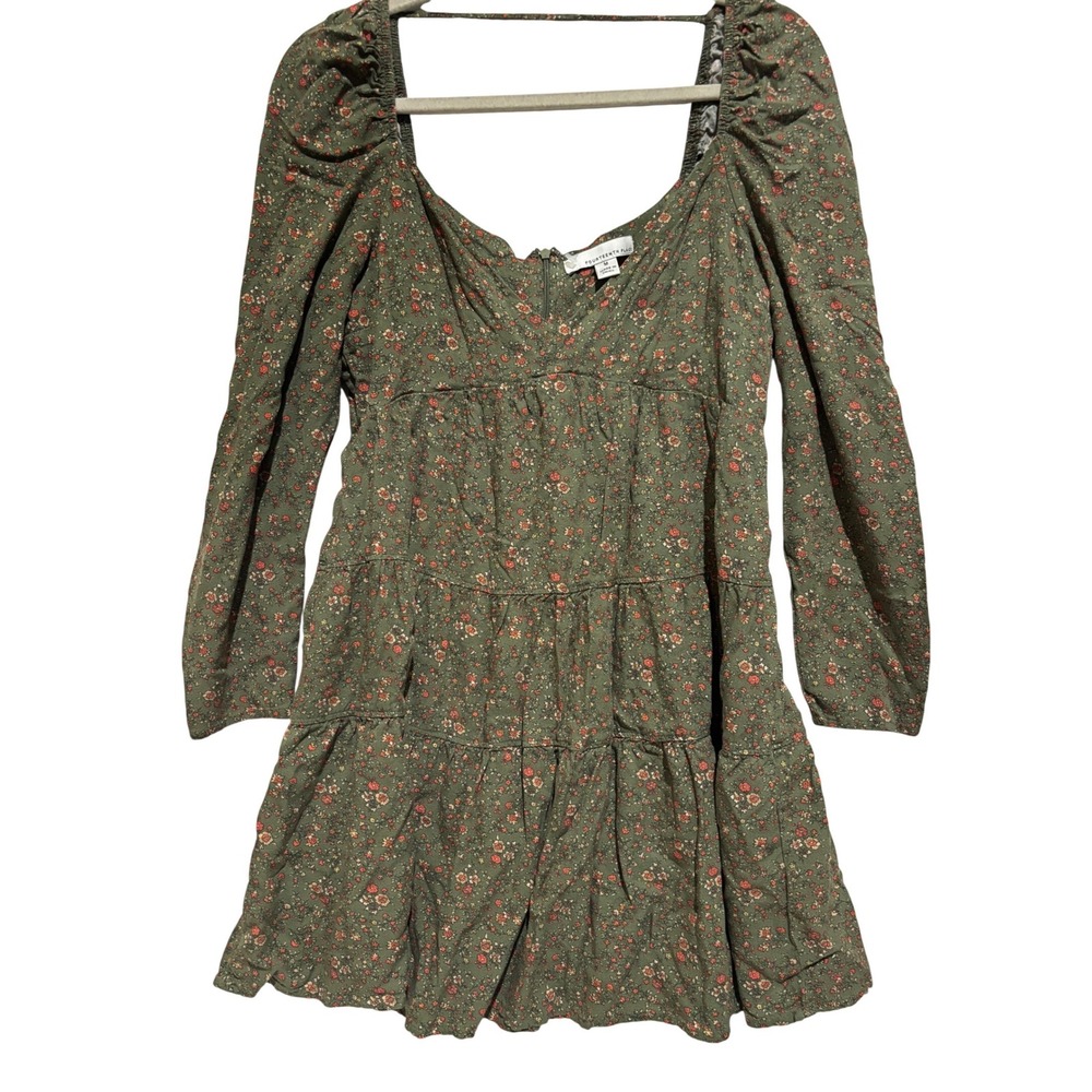 Fourteenth Place Floral Ruffled v- Neck Long Sleeve Mini Dress Green Sz‎ M Boho